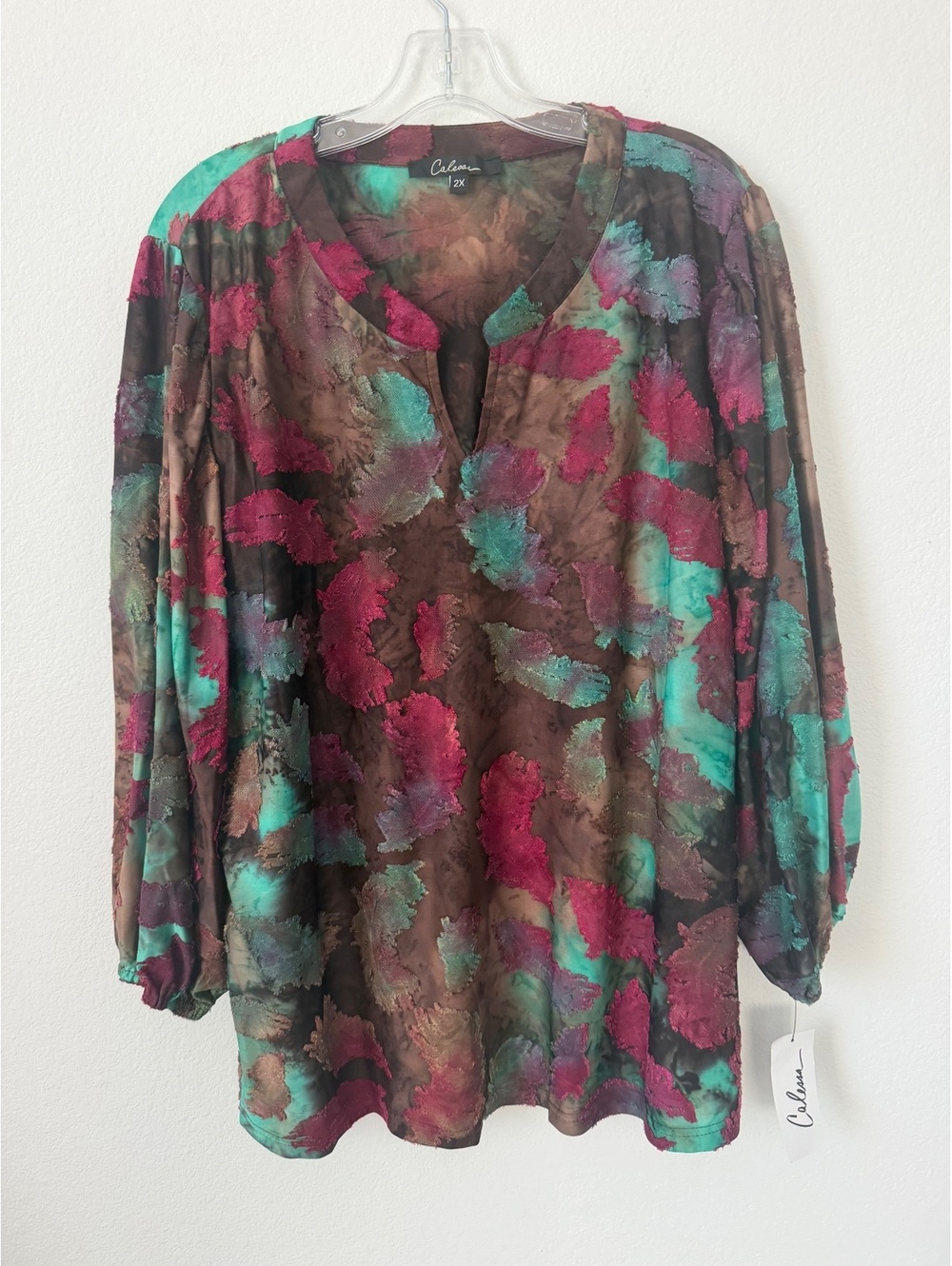 Calessa NWT 3/4 Sleeve Split V-Neck Abstract Stretch Tunic Blouse Size 2X